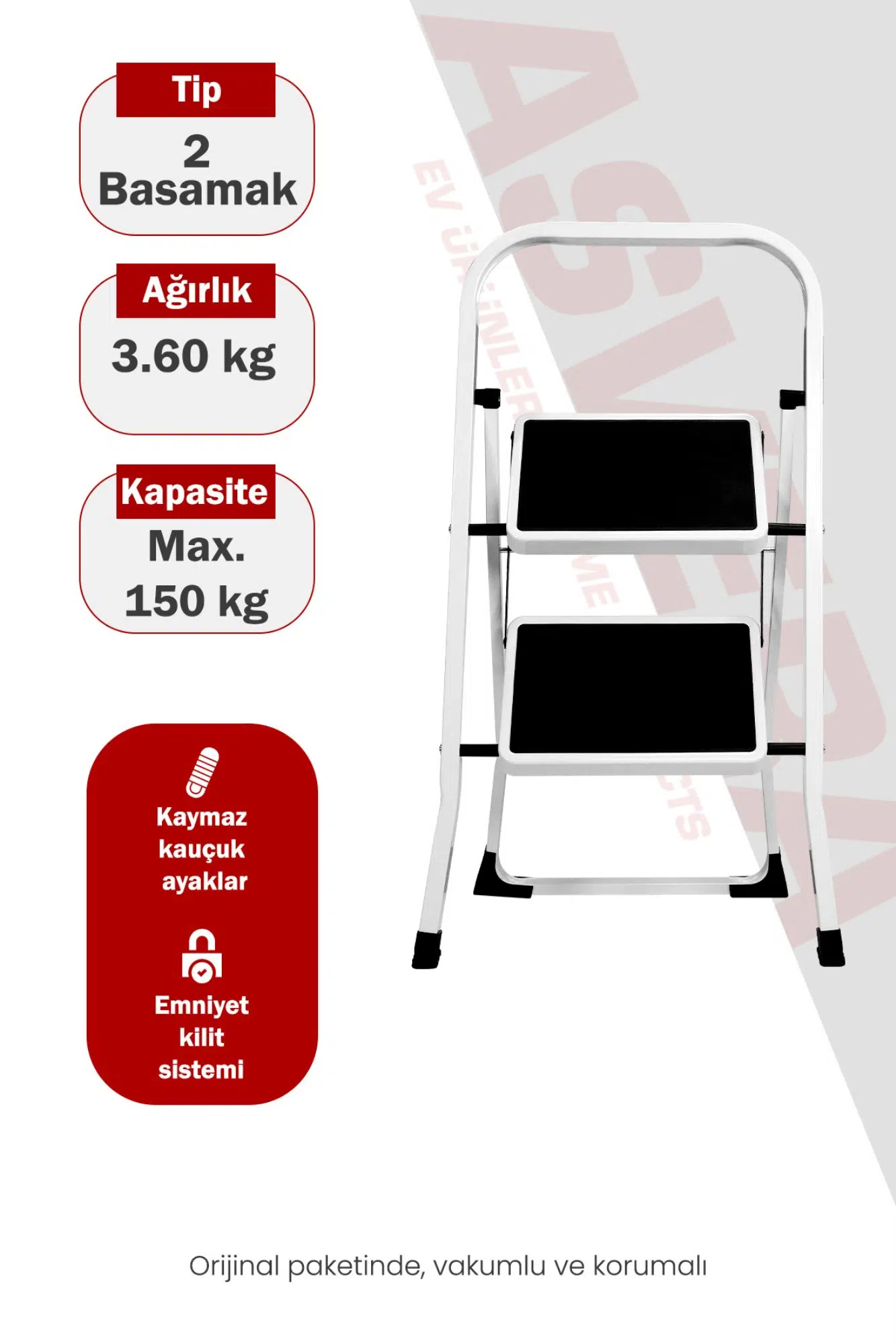 ASVERA Space 2 Basamaklı Ev Tipi Metal Merdiven - Katlanır Geniş Kaymaz Mutfak ve Ev Merdiveni Slim