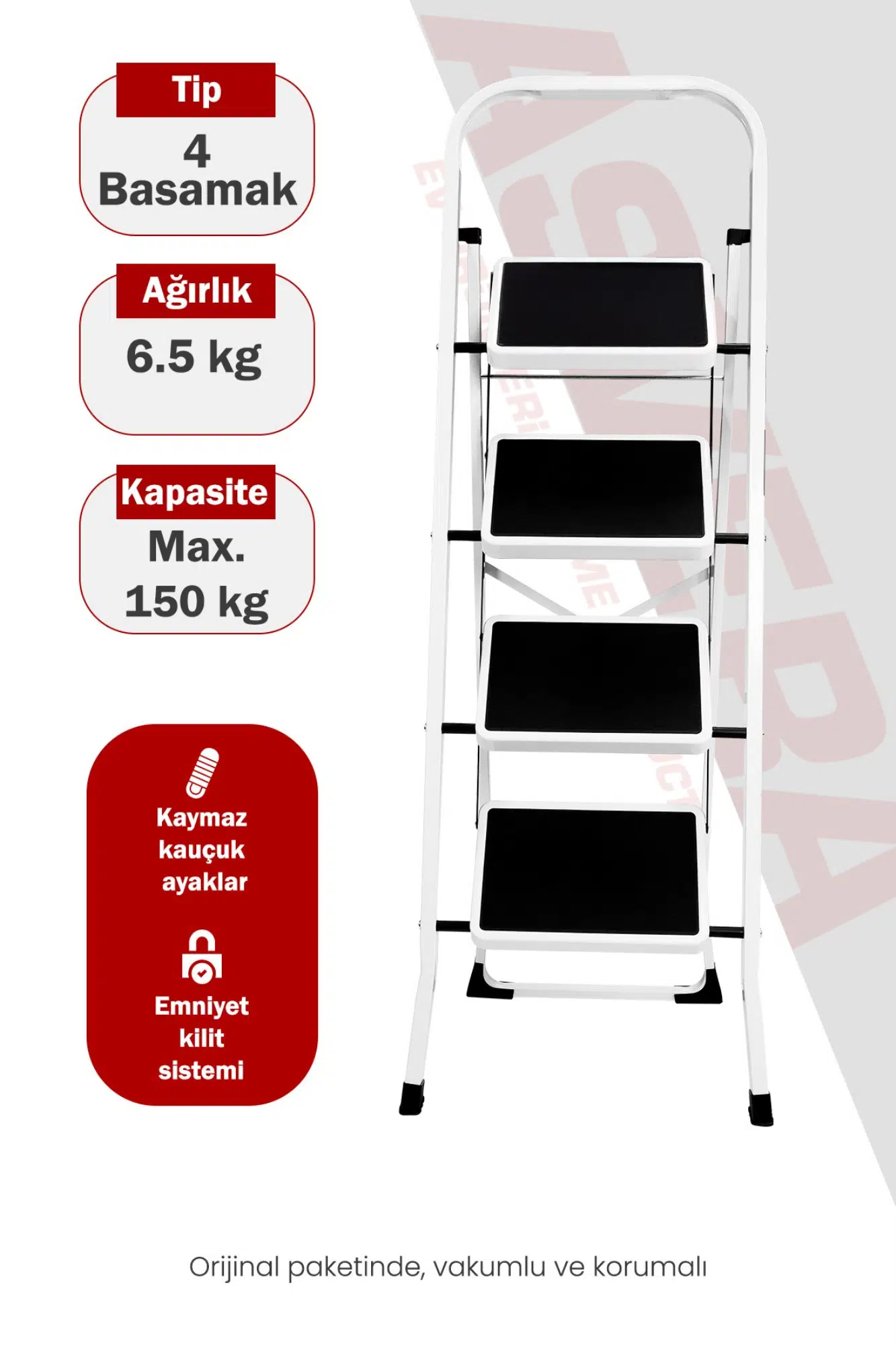 ASVERA Space 4 Basamaklı Ev Tipi Metal Merdiven - Katlanır Geniş Kaymaz Mutfak ve Ev Merdiveni Slim