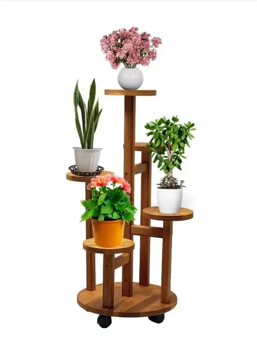 Asvera Tekerlekli 5 Raflı Metal Ahşap Çiçeklik Standı - Taşınabilir Modern Saksılık Rafı