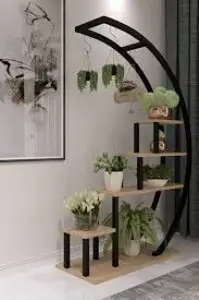Asvera 28-018 Büyük C Tipi Dekoratif Metal Ahşap Çiçeklik - 180 cm Dev Saksı Standı Rafı