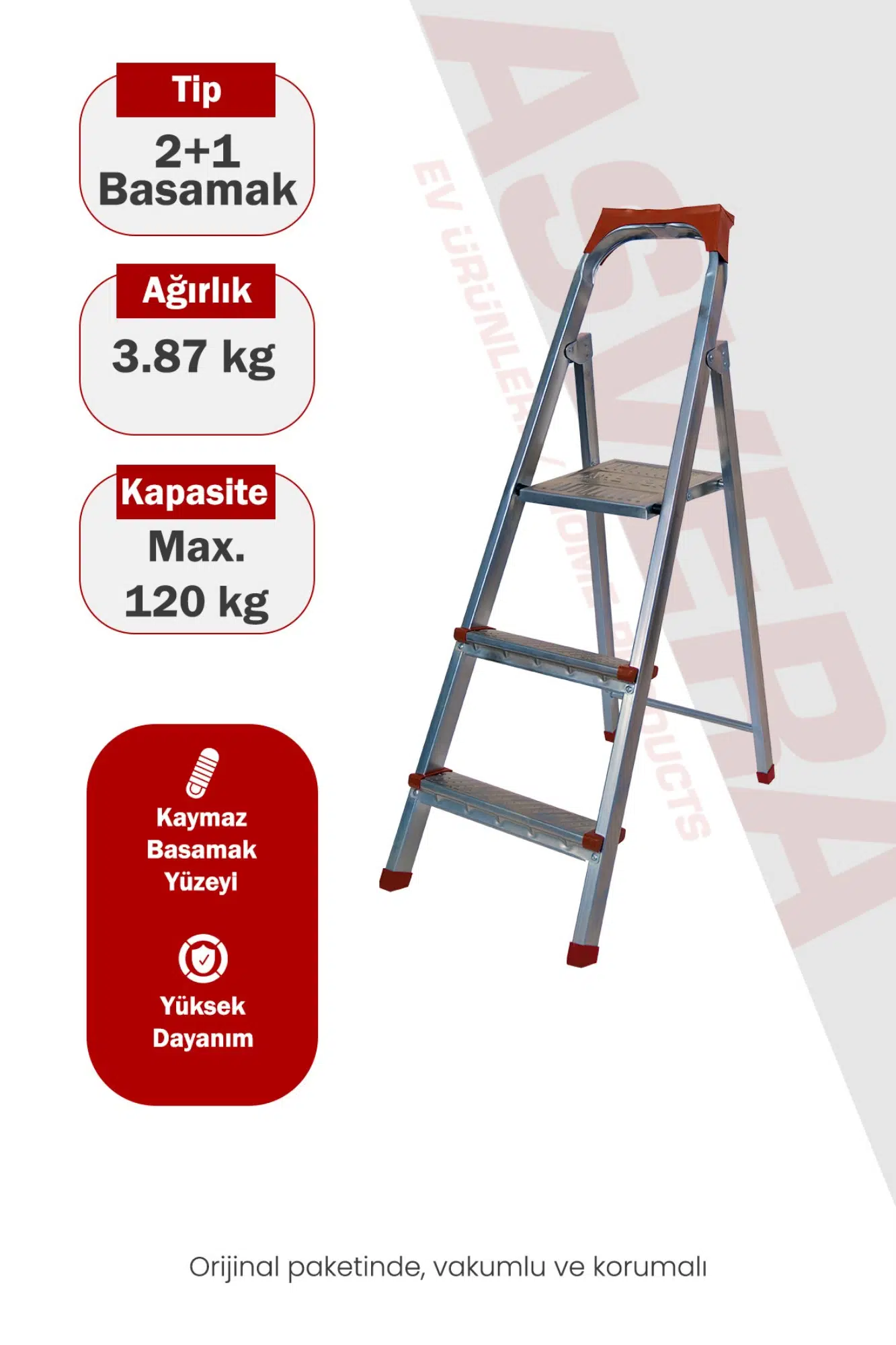 Asvera 2+1 (3 Basamaklı) Ev Tipi Pratik Profil Merdiven - Katlanabilir Sağlam Çelik Merdiven