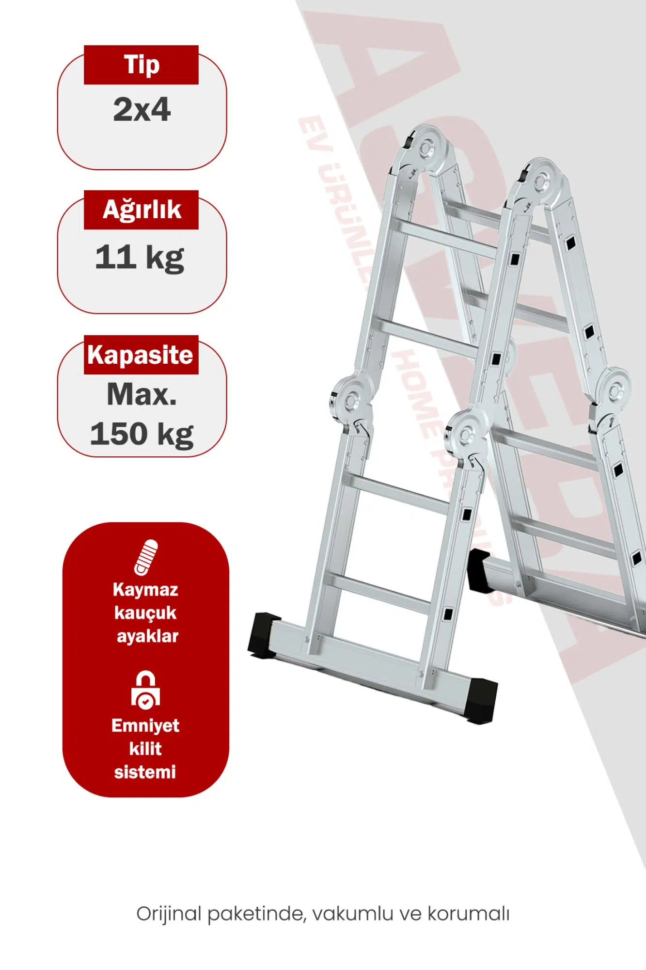 Asvera 2.7 Metre Çok Amaçlı Akrobat Merdiven - 8 Basamaklı 4x2 Katlanır Profesyonel Merdiven