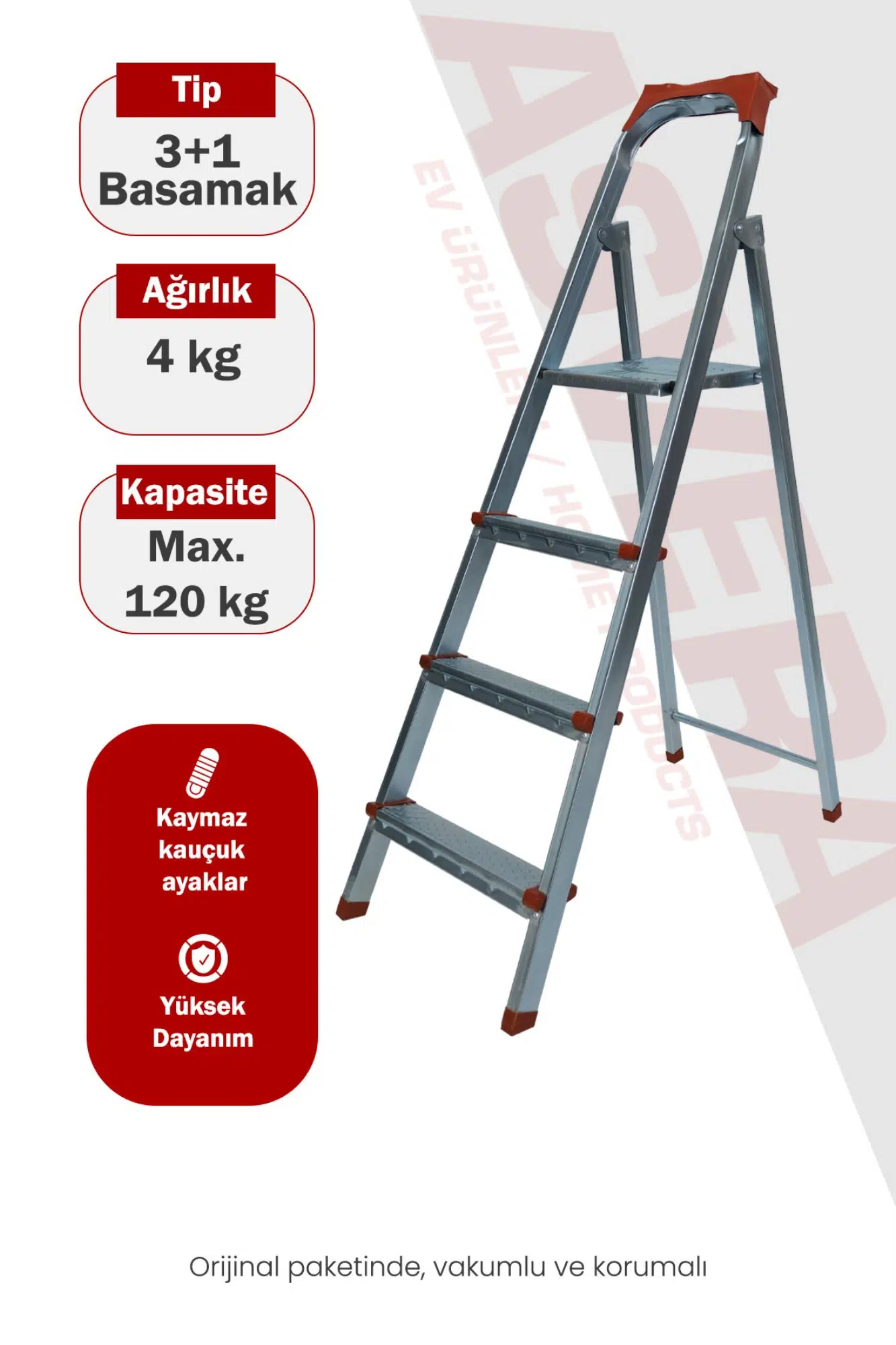 Asvera 3+1 (4 Basamaklı) Ev Tipi Pratik Profil Merdiven - Katlanabilir Sağlam Çelik Merdiven