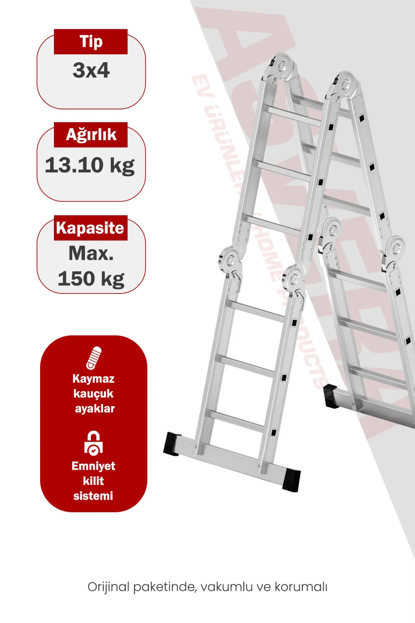 Asvera 3.7 Metre Çok Amaçlı Akrobat Merdiven - 12 Basamaklı 4x3 Katlanır Profesyonel Merdiven