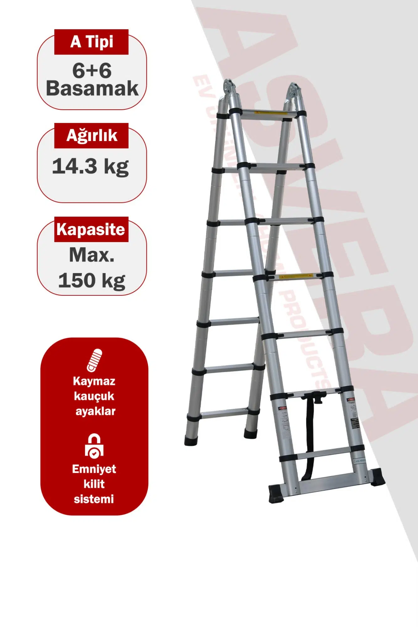 Asvera 3.8 Metre Akıllı Uzayan A Tipi Teleskopik Merdiven - 6+6 Basamaklı Katlanır Merdiven
