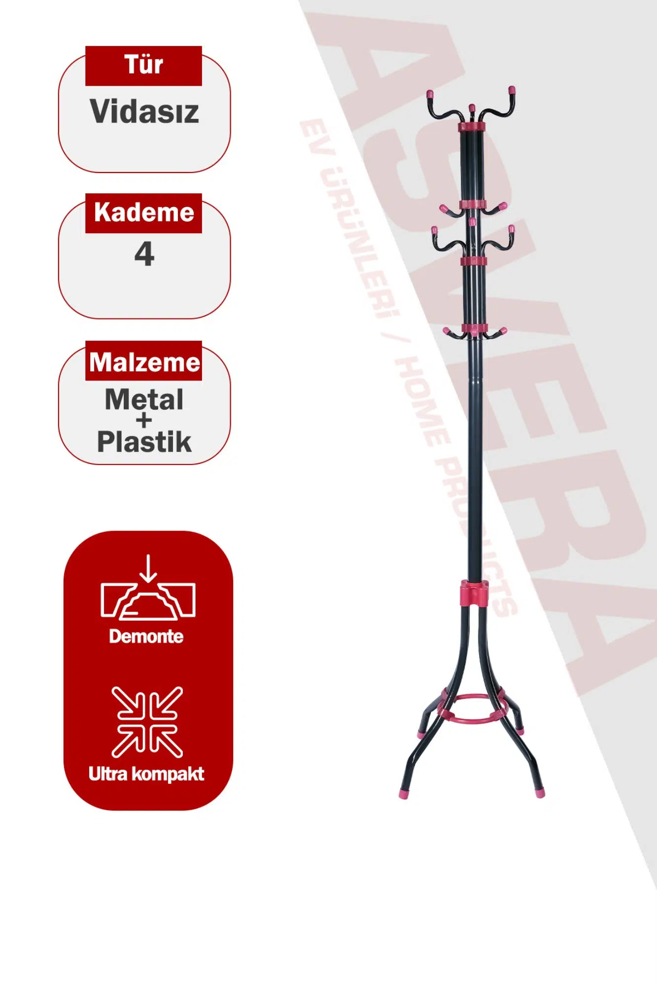 Asvera 33-004 T.E.A.K. 360° Dönerli Demonte Portmanto - Portatif Metal Elbise Şapka Askı Standı