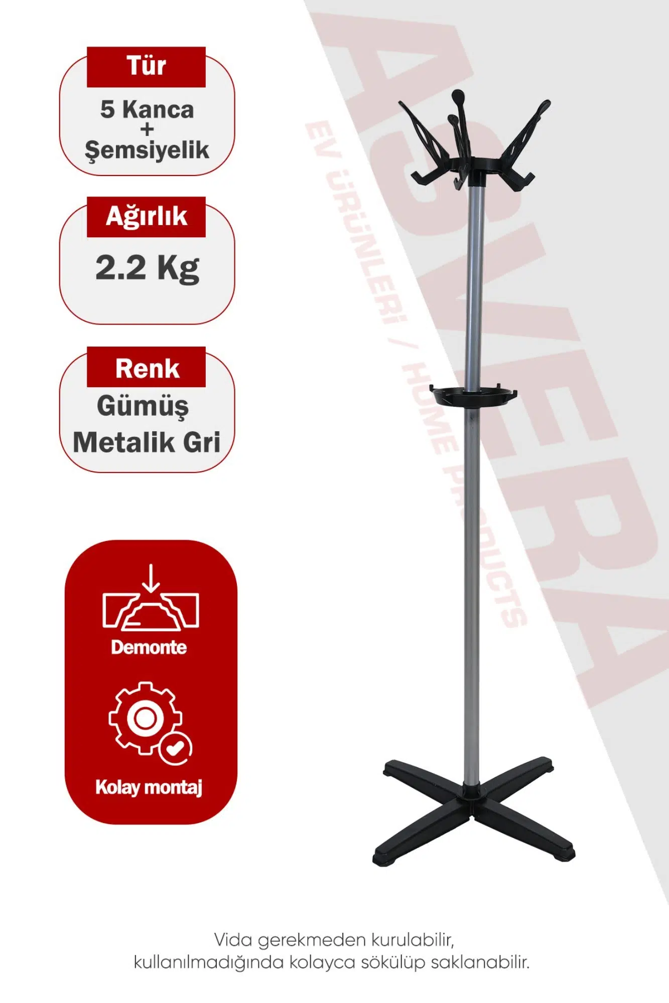 Asvera 33-006 Portatif Ayaklı Portmanto Askılık - Ekonomik Demonte Elbise Ve Şapka Askısı