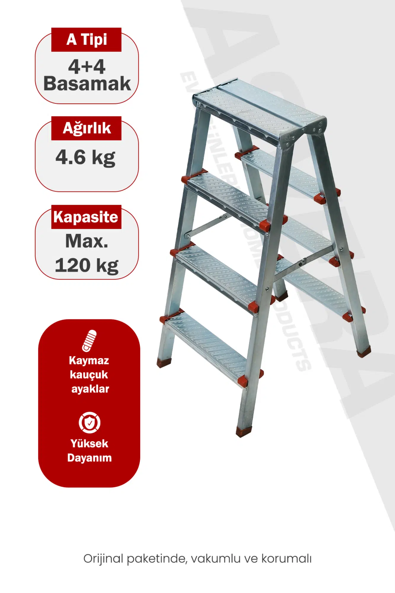 Asvera 4+4 Çift Çıkışlı A Tipi Katlanabilir Profil Merdiven - Çift Taraflı Galvanizli Merdiven