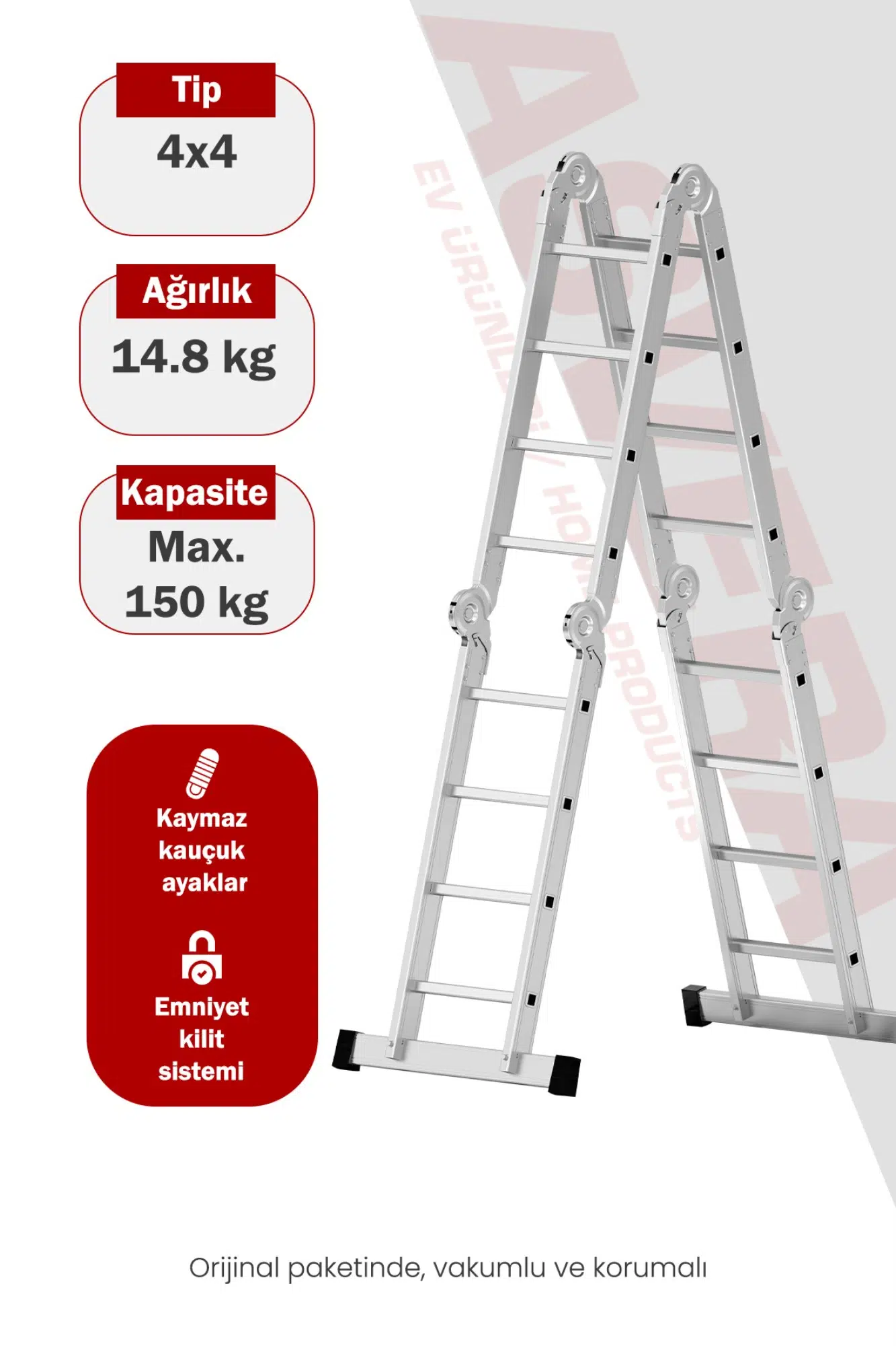 Asvera 4.7 Metre Çok Amaçlı Akrobat Merdiven - 16 Basamaklı 4x4 Katlanır Profesyonel Merdiven