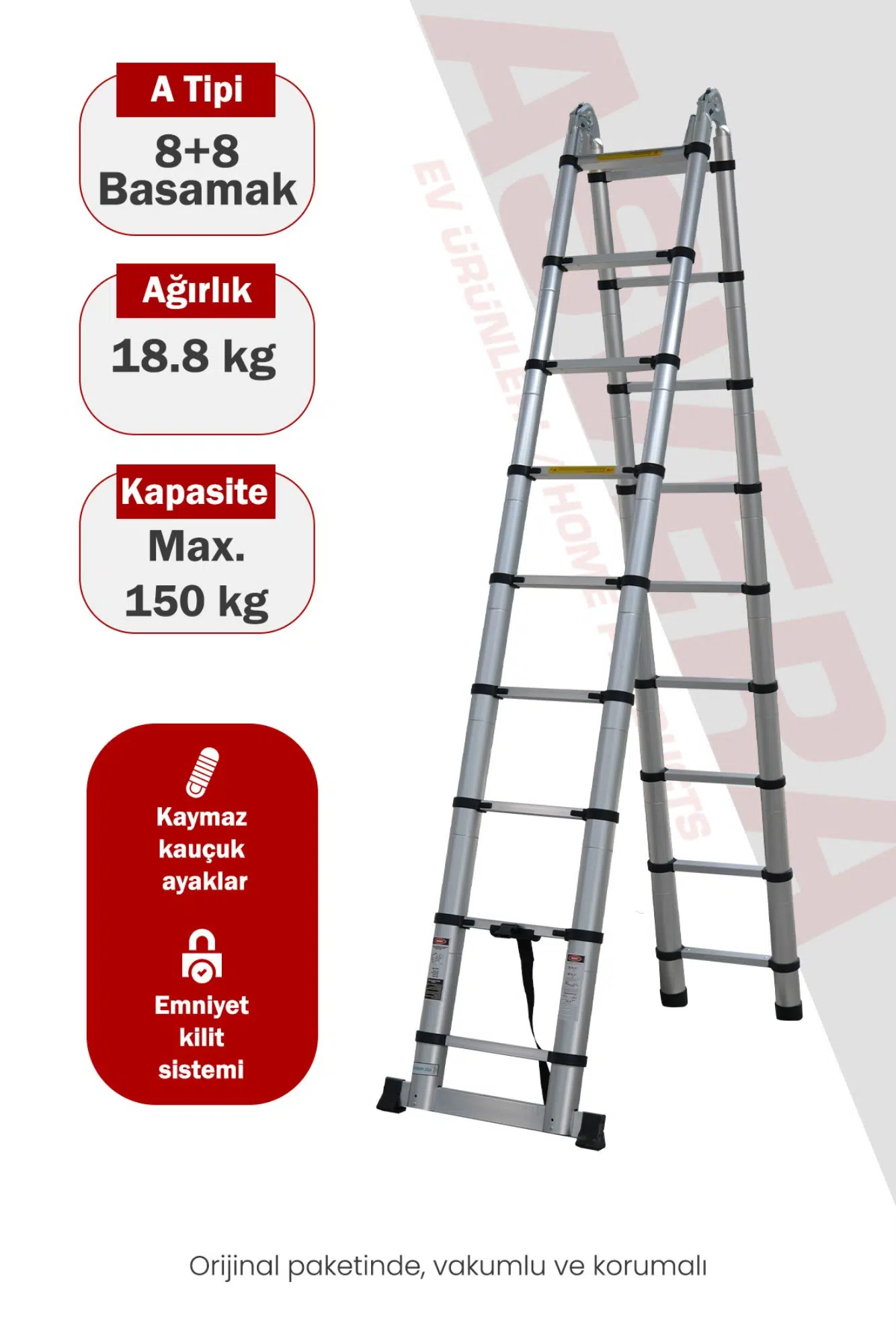Asvera 5.0 Metre Akıllı Uzayan A Tipi Teleskopik Merdiven - 8+8 Basamaklı Katlanır Merdiven