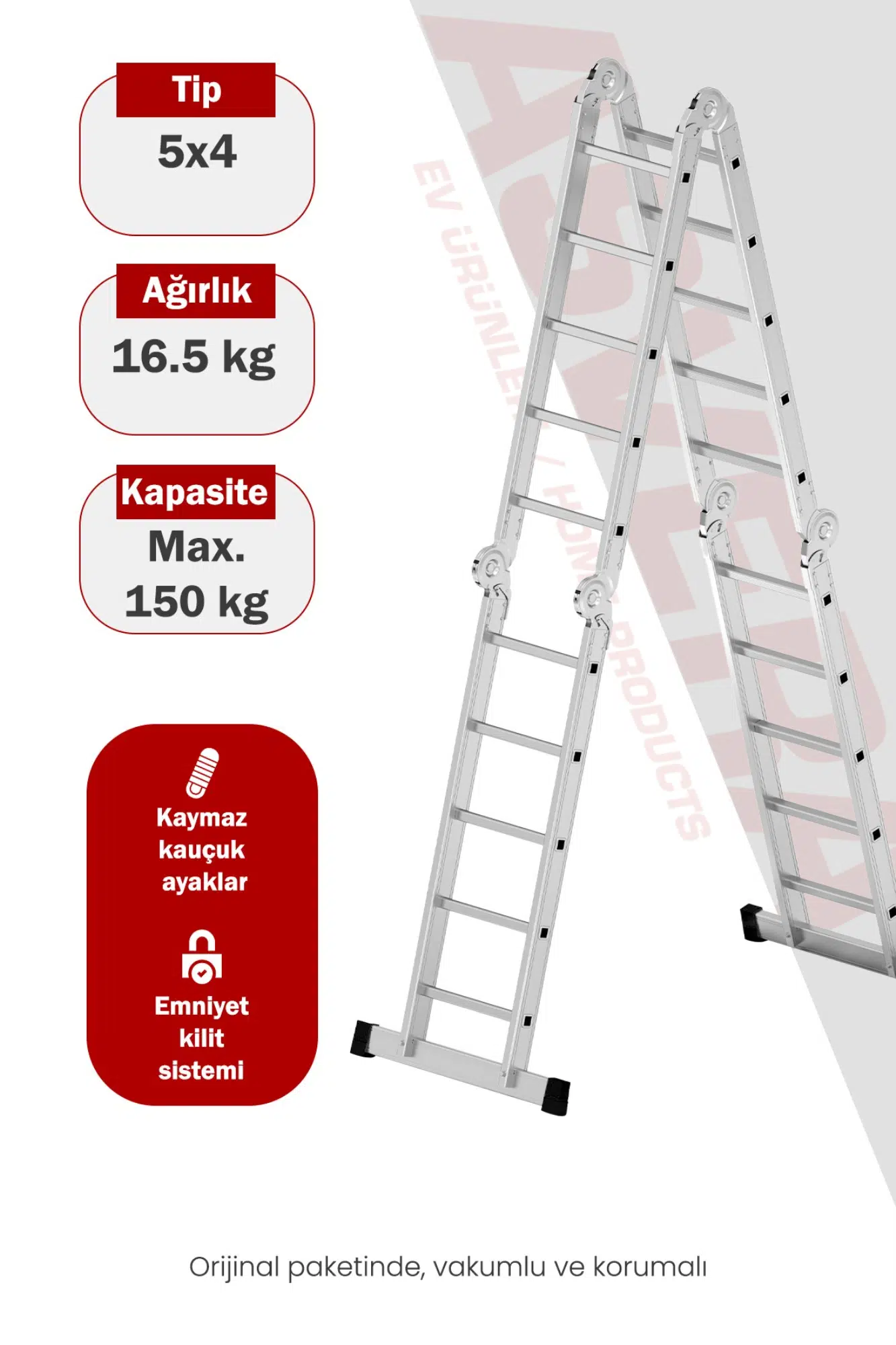 Asvera 5.8 Metre Çok Amaçlı Akrobat Merdiven - 20 Basamaklı 4x5 Katlanır Profesyonel Merdiven