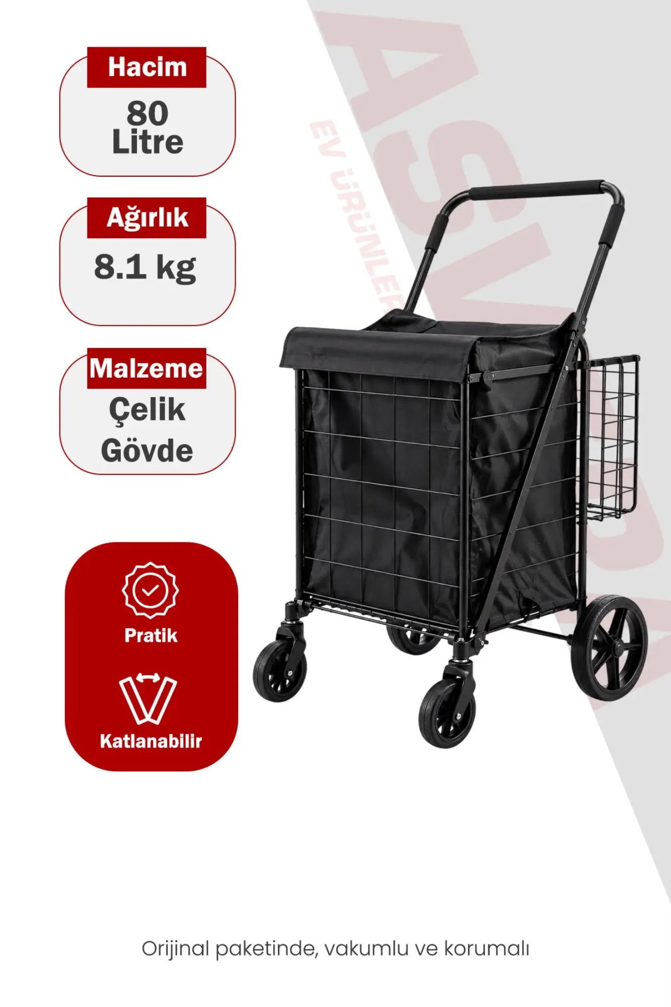 ASVERA 80 Litre Katlanabilir Pazar Arabası Büyük Boy Alışveriş Arabası