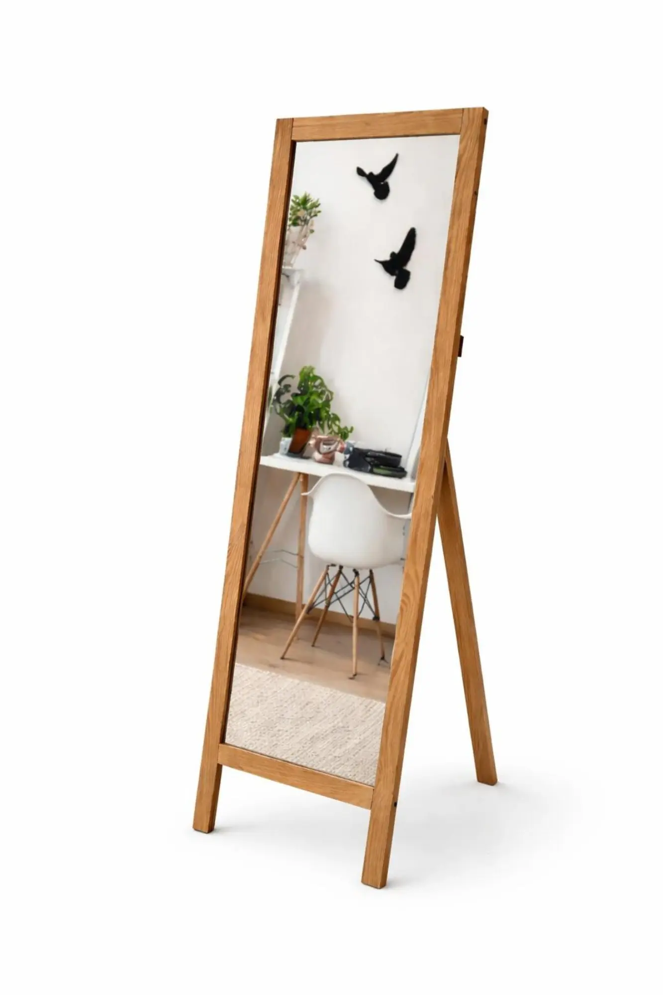 ASVERA Ahşap Ayaklı Boy Aynası 145x40 cm Flotal Devrilmez Natürel Ayna
