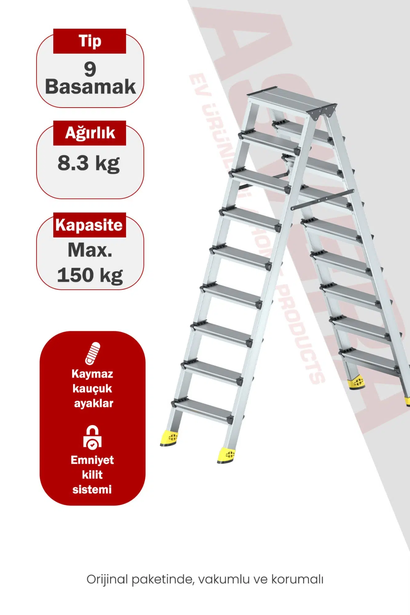 Asvera Alüminyum 9+9 Çift Çıkışlı A Tipi Merdiven - Hafif ve Paslanmaz Çift Taraflı Merdiven