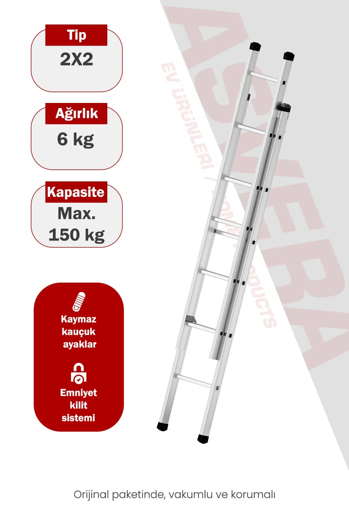 Asvera Endüstriyel 4 Metre 2 Parçalı Alüminyum Merdiven - 1.4 mm Sürgülü Profesyonel Merdiven