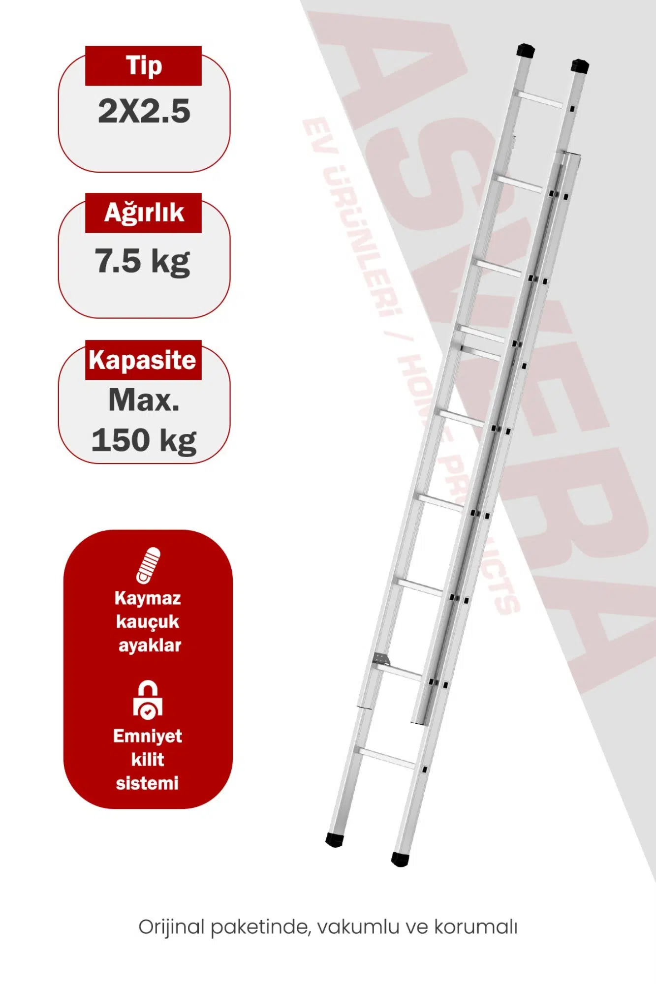 Asvera Endüstriyel 5 Metre 2 Parçalı Alüminyum Merdiven - 1.4 mm Sürgülü Profesyonel Merdiven