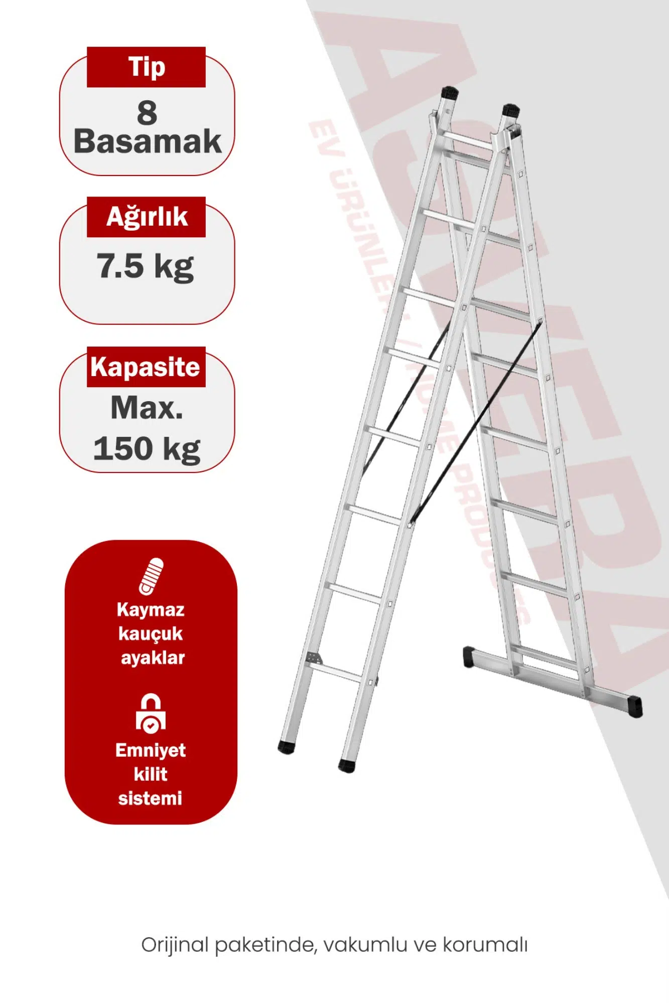 Asvera Endüstriyel 5 Metre A Tipi 2 Parçalı Alüminyum Merdiven - 1.4 mm Profesyonel Merdiven