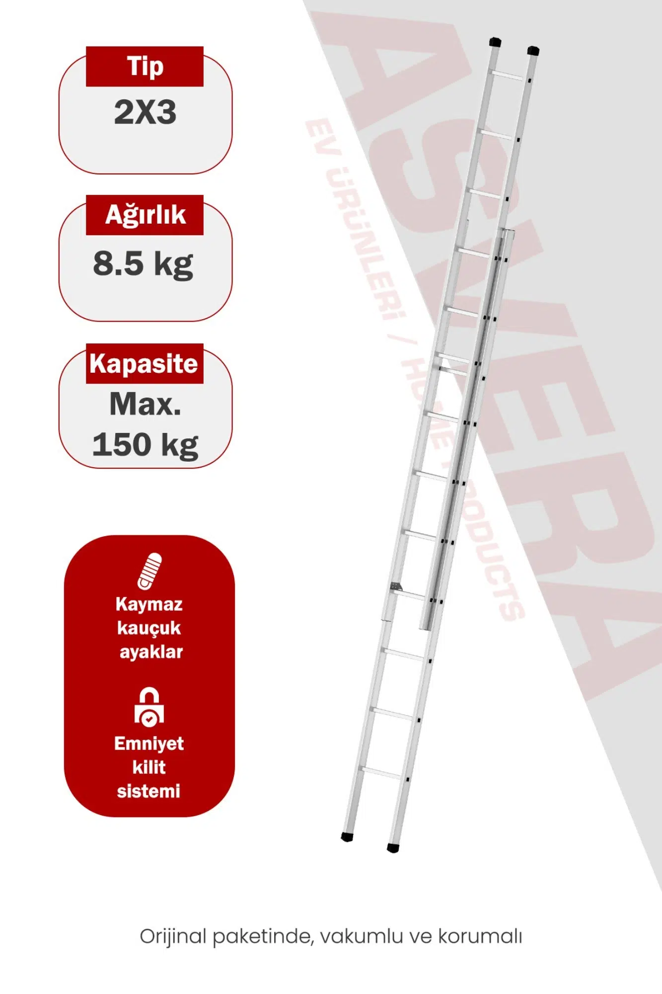 Asvera Endüstriyel 6 Metre 2 Parçalı Alüminyum Merdiven - 1.4 mm Sürgülü Profesyonel Merdiven