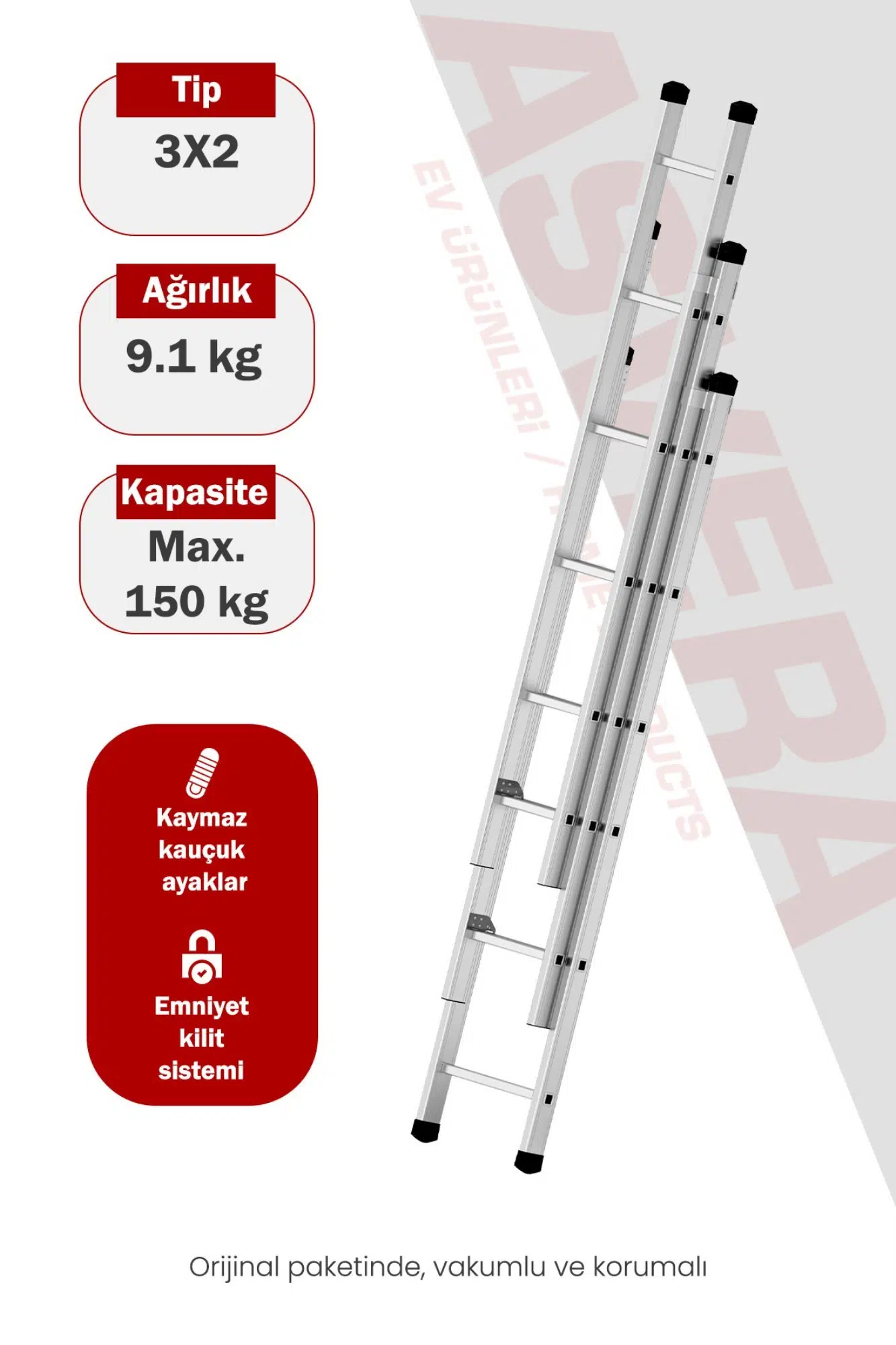 Asvera Endüstriyel 6 Metre 3 Parçalı Alüminyum Merdiven - 1.4 mm Sürgülü Profesyonel Merdiven