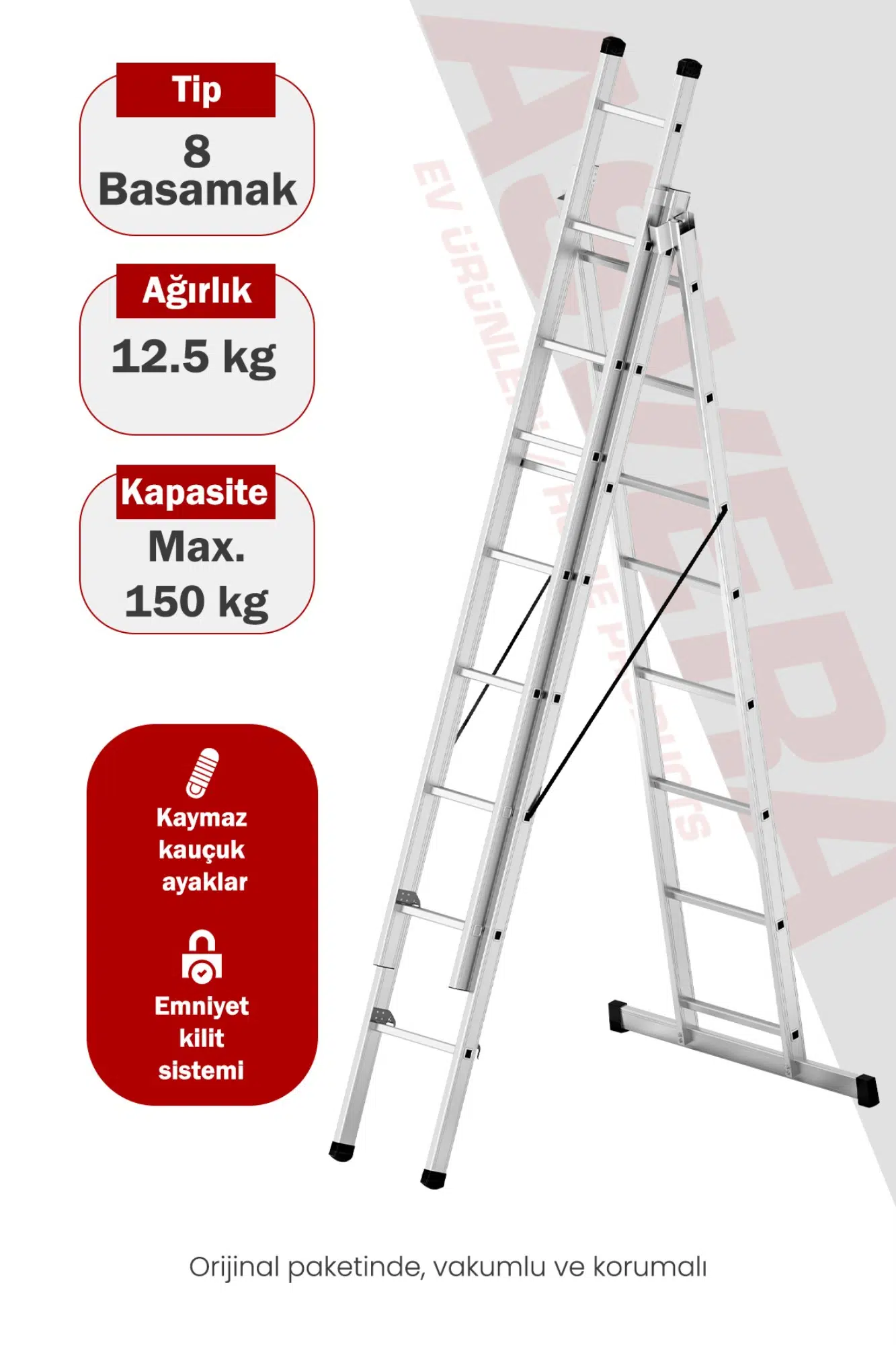 Asvera Endüstriyel 7,5 Metre A Tipi 3 Parçalı Alüminyum Merdiven - 1.4 mm Profesyonel Merdiven