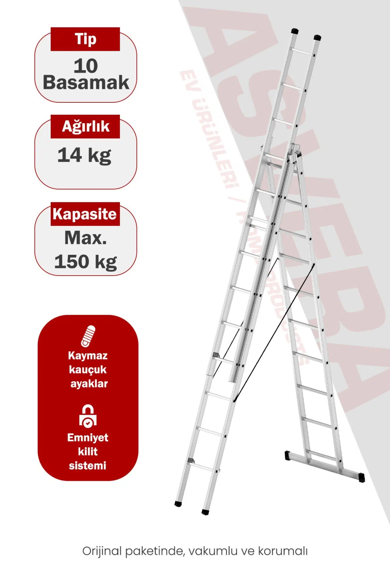 Asvera Endüstriyel 9 Metre A Tipi 3 Parçalı Alüminyum Merdiven - 1.4 mm Profesyonel Merdiven