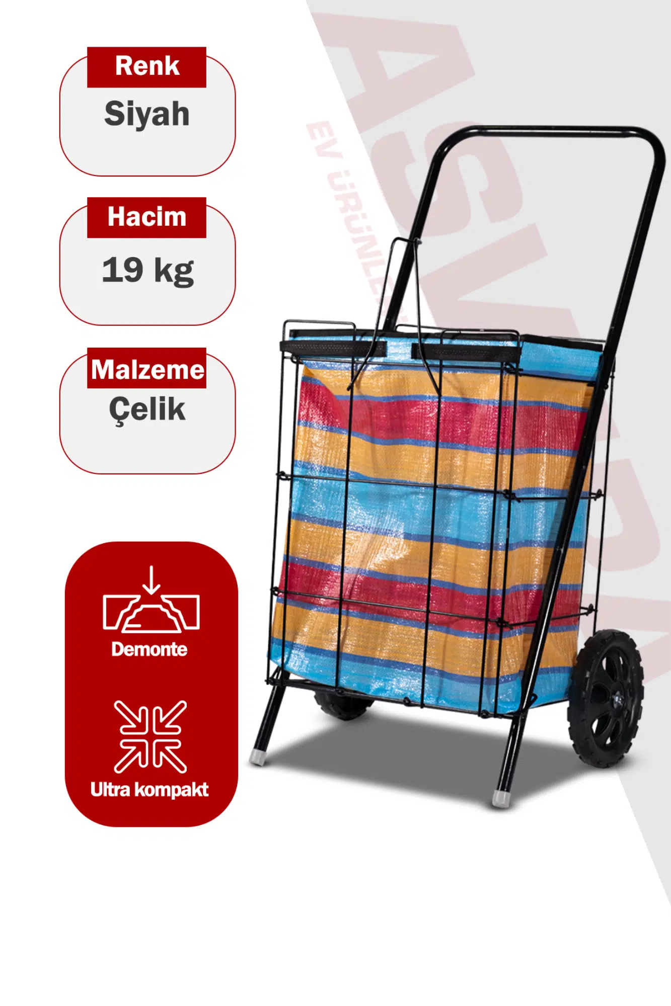 Asvera Kalın Telli Katlanabilir Pazar Arabası - Büyük Boy Sağlam Market Alışveriş Arabası