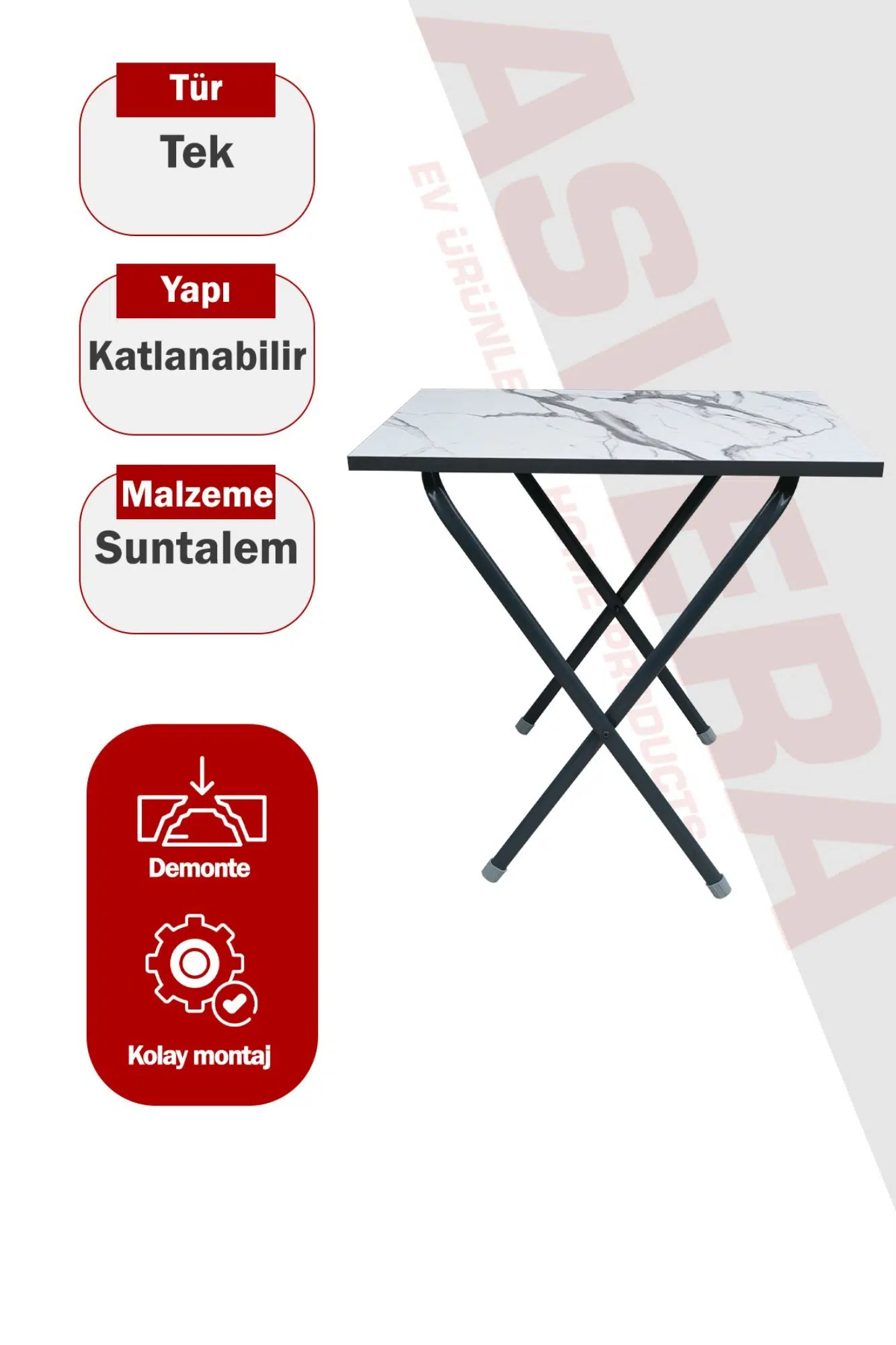 Asvera Mio 40x60 Antrasit Mermer Desenli Balkon Masası - Katlanabilir Pratik Mutfak Masası