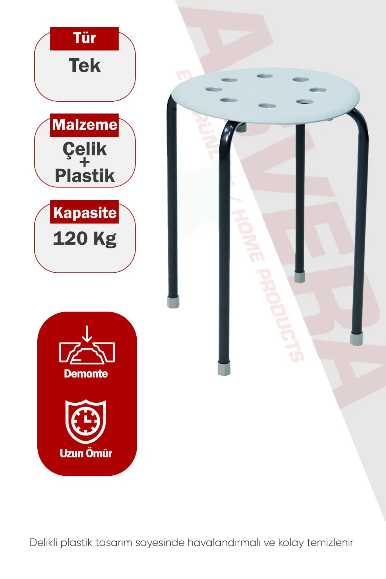 Asvera Otto Metal Ayaklı Mutfak Ve Balkon Taburesi - İstiflenebilir Portatif Modern Tabure