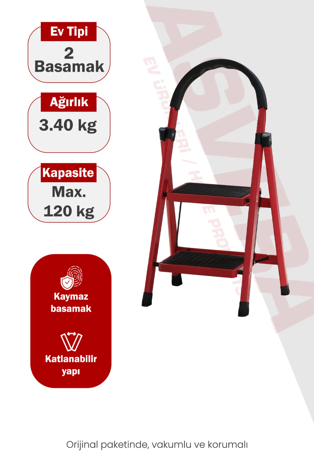 Asvera Patika 2 Basamaklı Kırmızı Ev Tipi Merdiven - Dekoratif Kaymaz Basamaklı Sağlam Merdiven