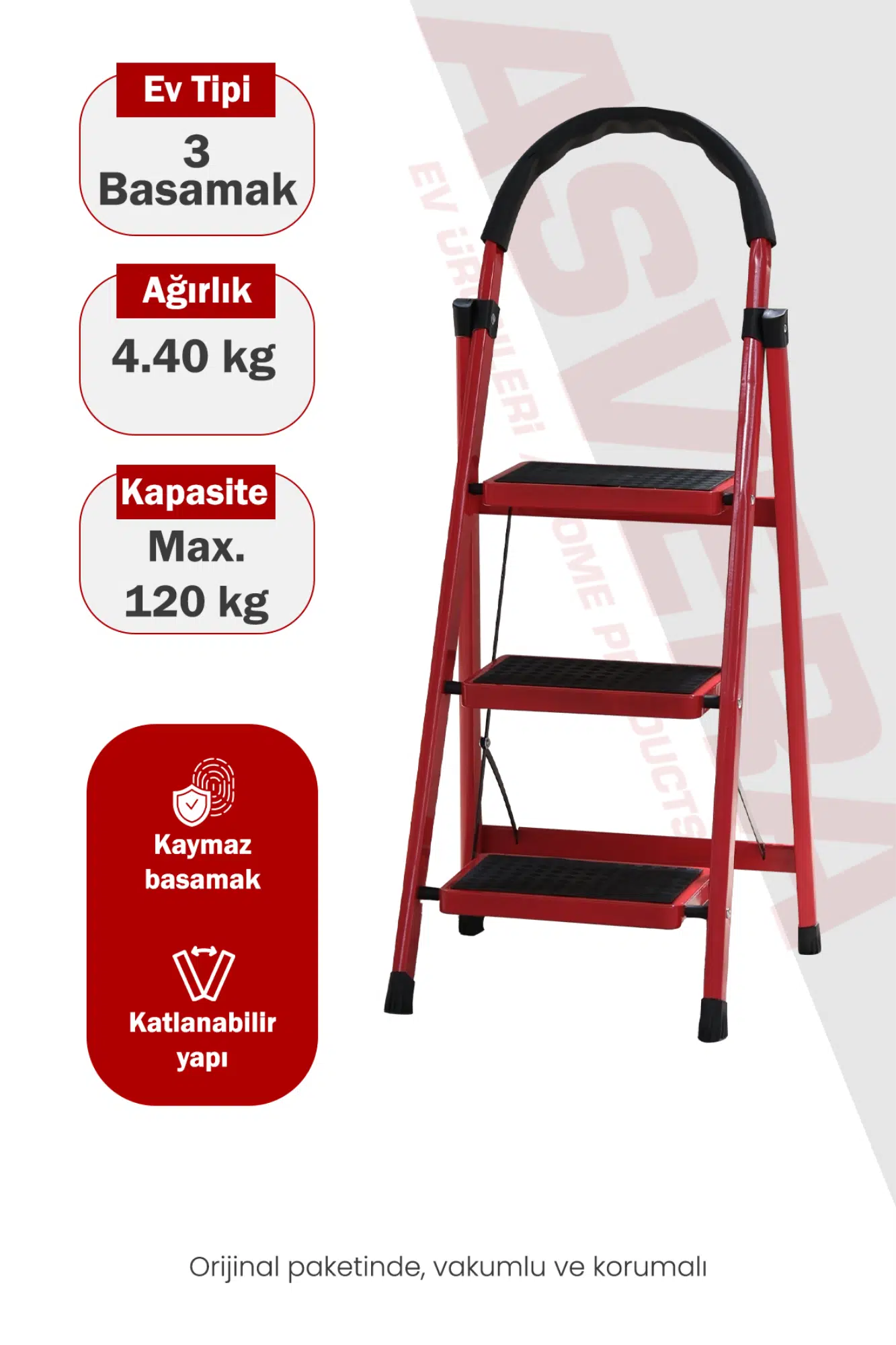 Asvera Patika 3 Basamaklı Kırmızı Ev Tipi Merdiven - Dekoratif Kaymaz Basamaklı Sağlam Merdiven