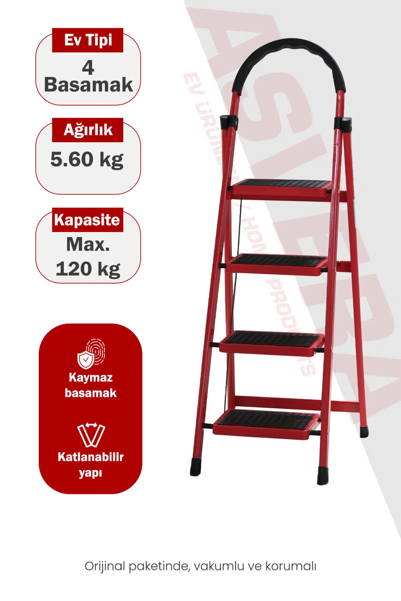 Asvera Patika 4 Basamaklı Kırmızı Ev Tipi Merdiven - Dekoratif Kaymaz Basamaklı Sağlam Merdiven