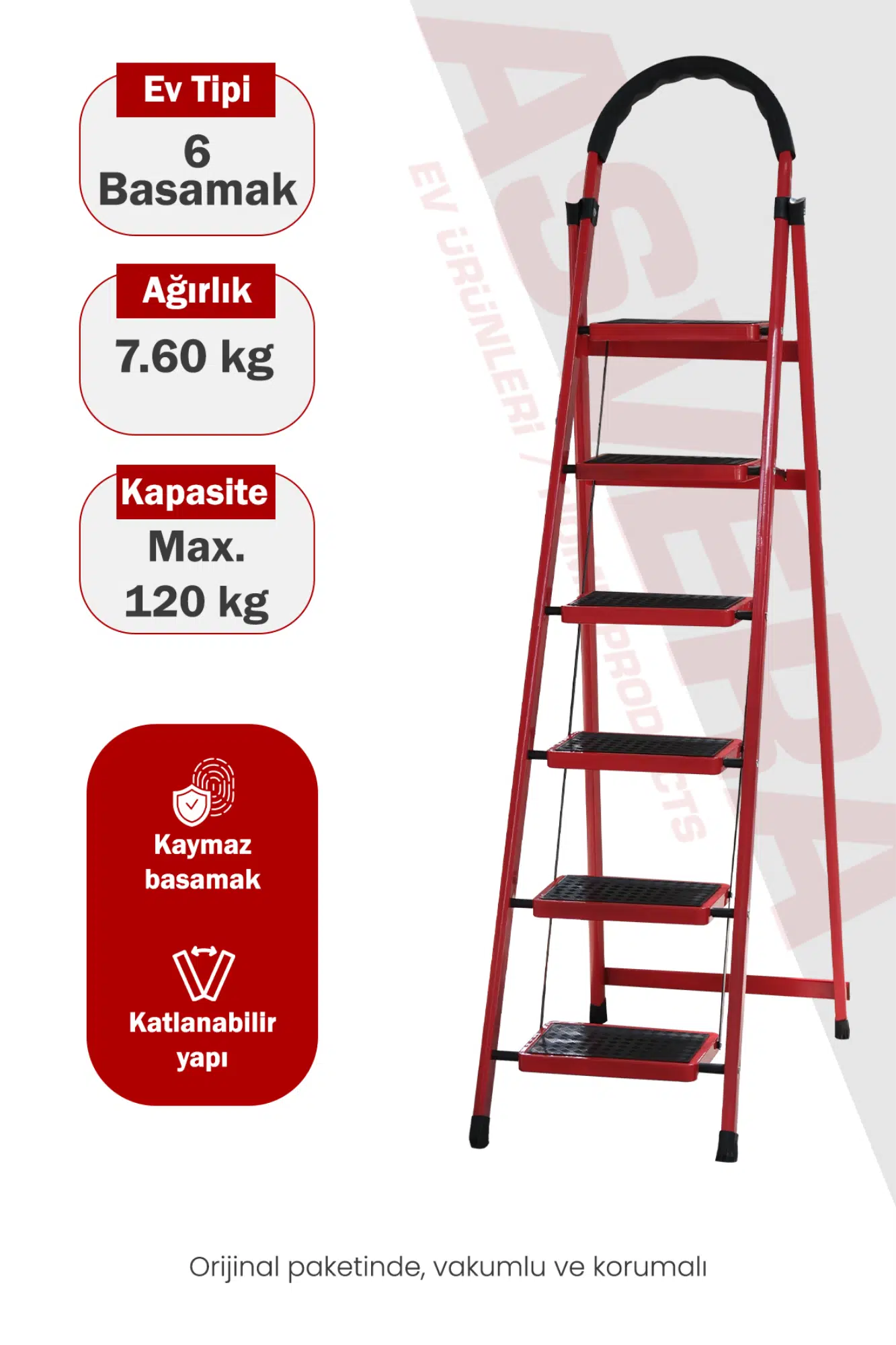 Asvera Patika 6 Basamaklı Kırmızı Ev Tipi Merdiven - Dekoratif Kaymaz Basamaklı Sağlam Merdiven