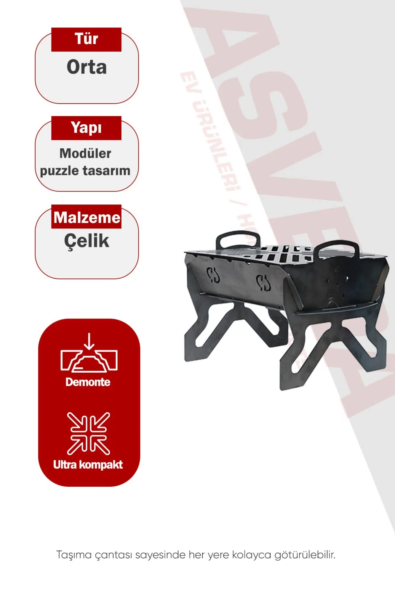 Asvera Portatif Katlanabilir Kamp Mangalı - 20x20 cm Taşınabilir Çantada Barbekü Ve Izgara