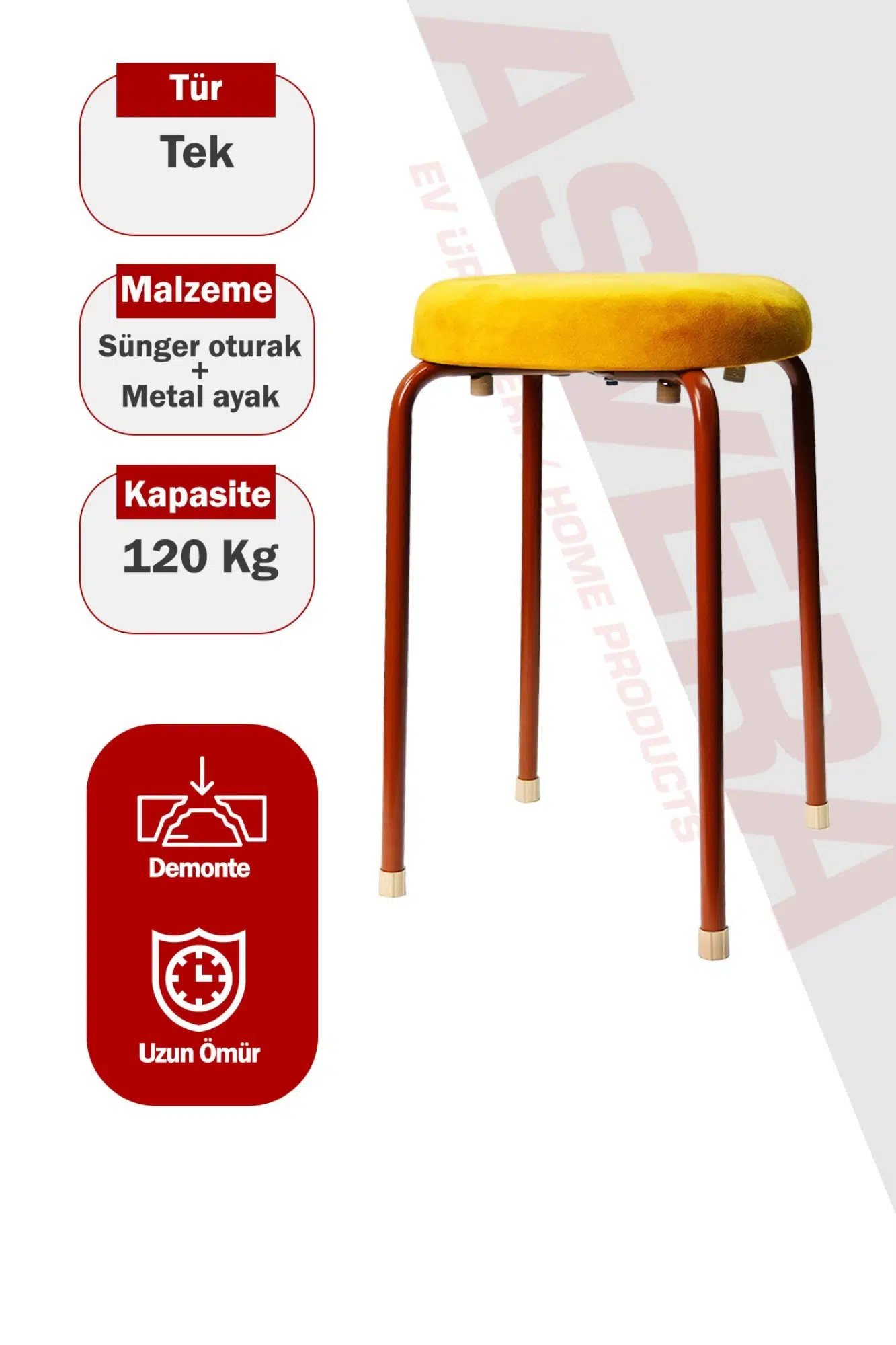 Asvera Pufy Minderli Metal Mutfak Ve Balkon Taburesi - 100 kg Kapasiteli Lüks Puf Tabure