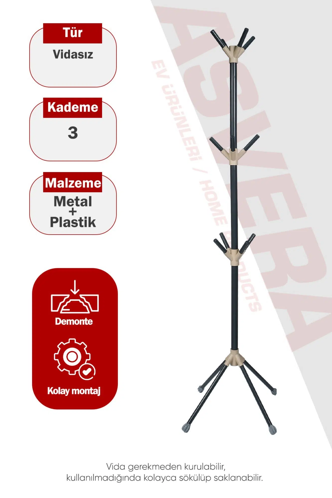Asvera T.E.A.K. Moderna Ayaklı Portmanto Askılık - Modern Metal Elbise Şapka Çanta Askısı