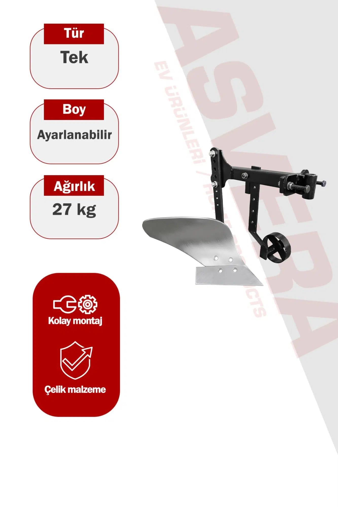 Asvera Tekerlekli Büyük Aynalı Tekli Pulluk - 10-12-22 HP Çapa Makineleri İçin Denge Tekerlekli Pulluk