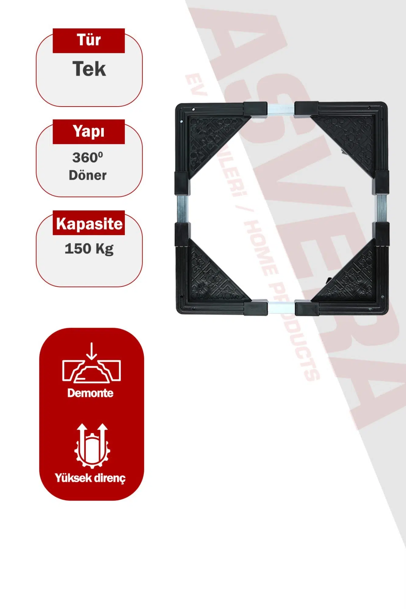 Asvera Teleskopik Ayarlanabilir Beyaz Eşya Altlığı - 150kg Kapasiteli Frenli Tekerlekli Çeksür