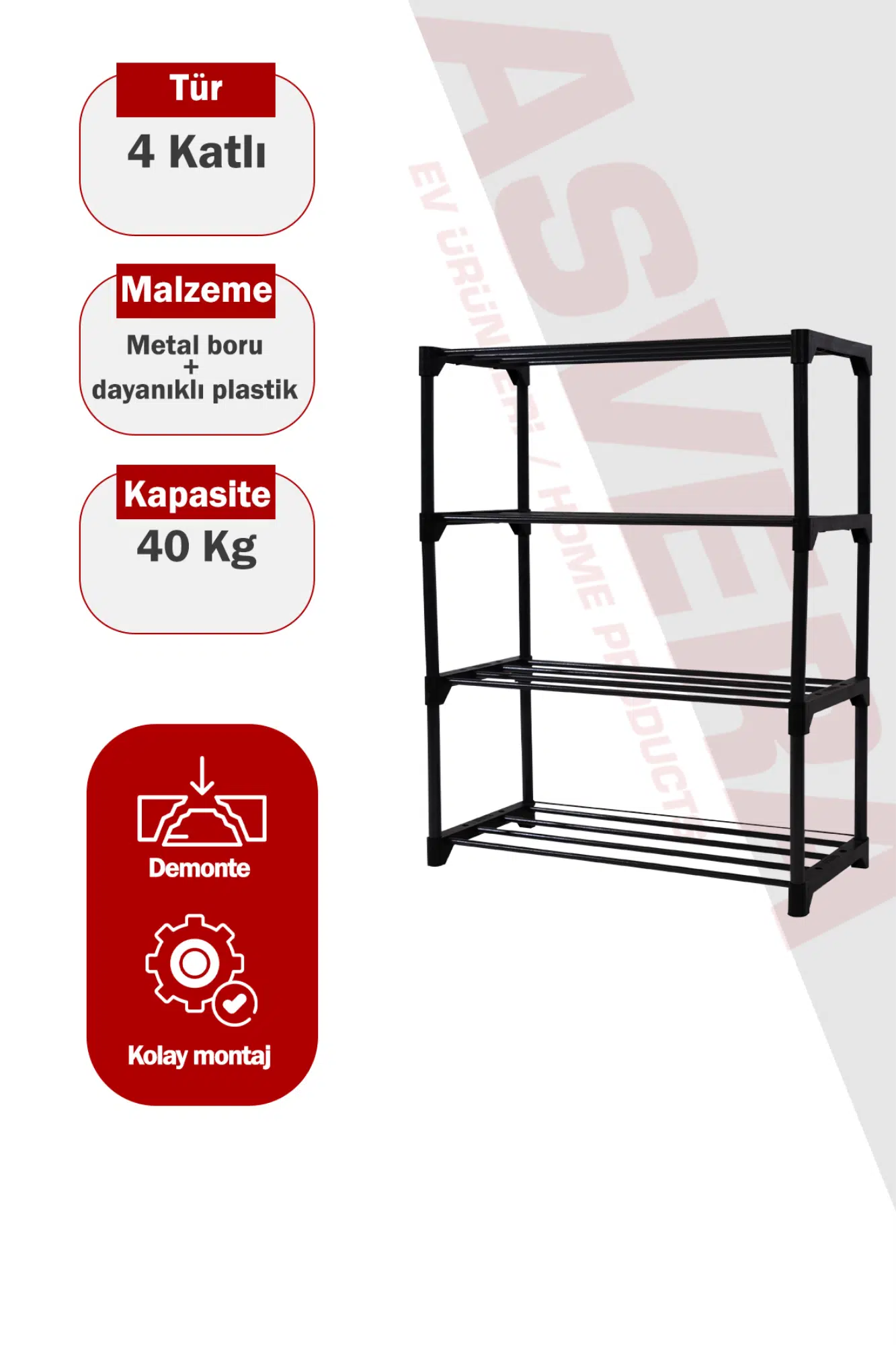 Asvera Teno 4 Katlı Kalın Metal Borulu Çok Amaçlı Raf Organizer - Ayakkabılık ve Kitaplık