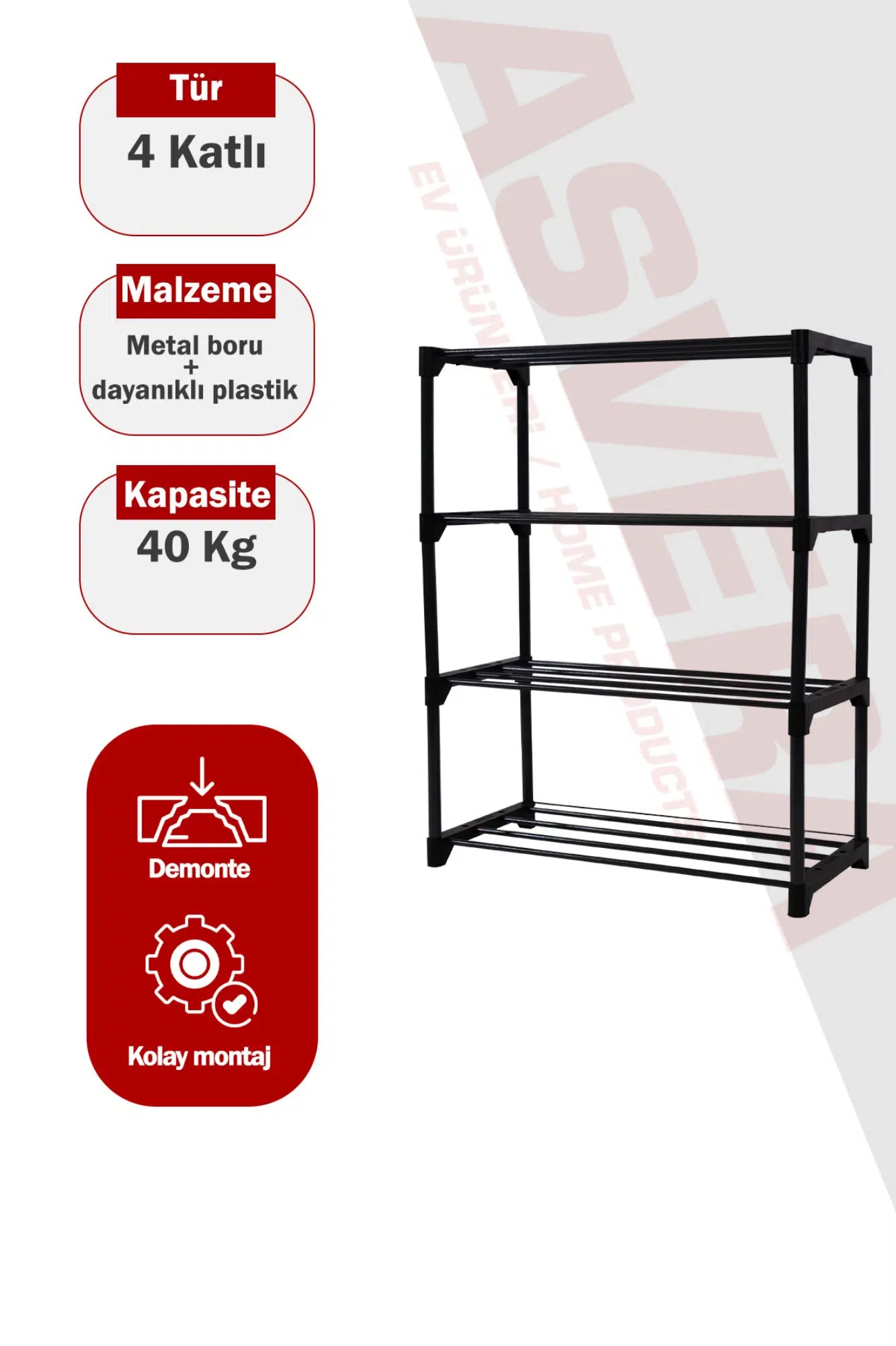 Asvera Teno 4 Katlı Kalın Metal Borulu Çok Amaçlı Raf Organizer - Ayakkabılık ve Kitaplık