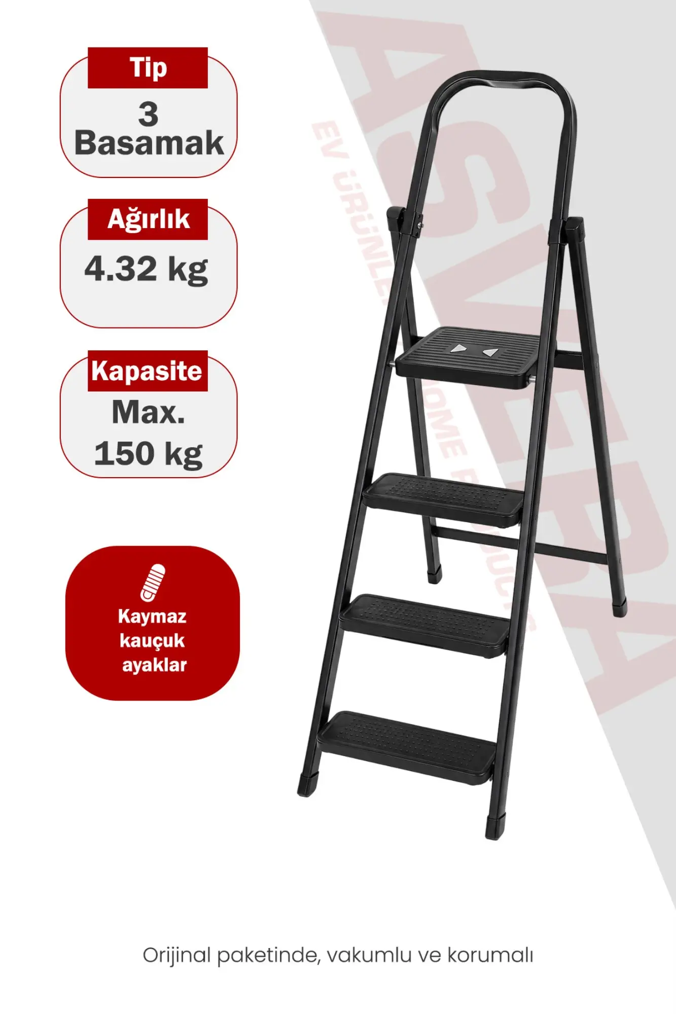 ASVERA Titan 3 Basamaklı Ekstra Güçlü Katlanır Çelik Ev Tipi Siyah Metal Merdiven