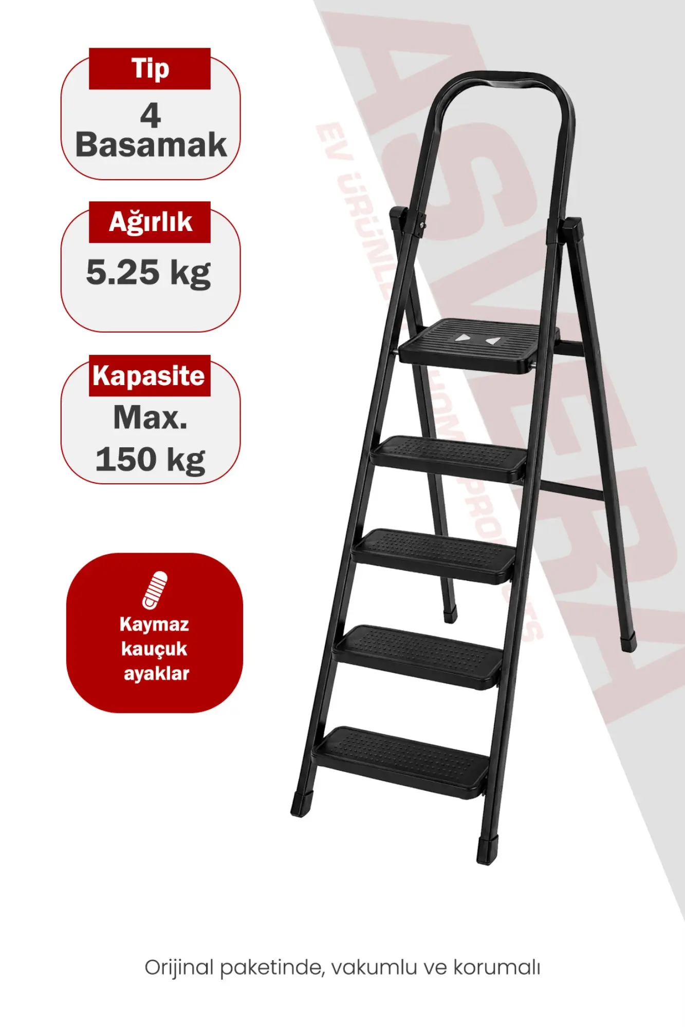 ASVERA Titan 4 Basamaklı Ekstra Güçlü Katlanır Çelik Ev Tipi Siyah Metal Merdiven