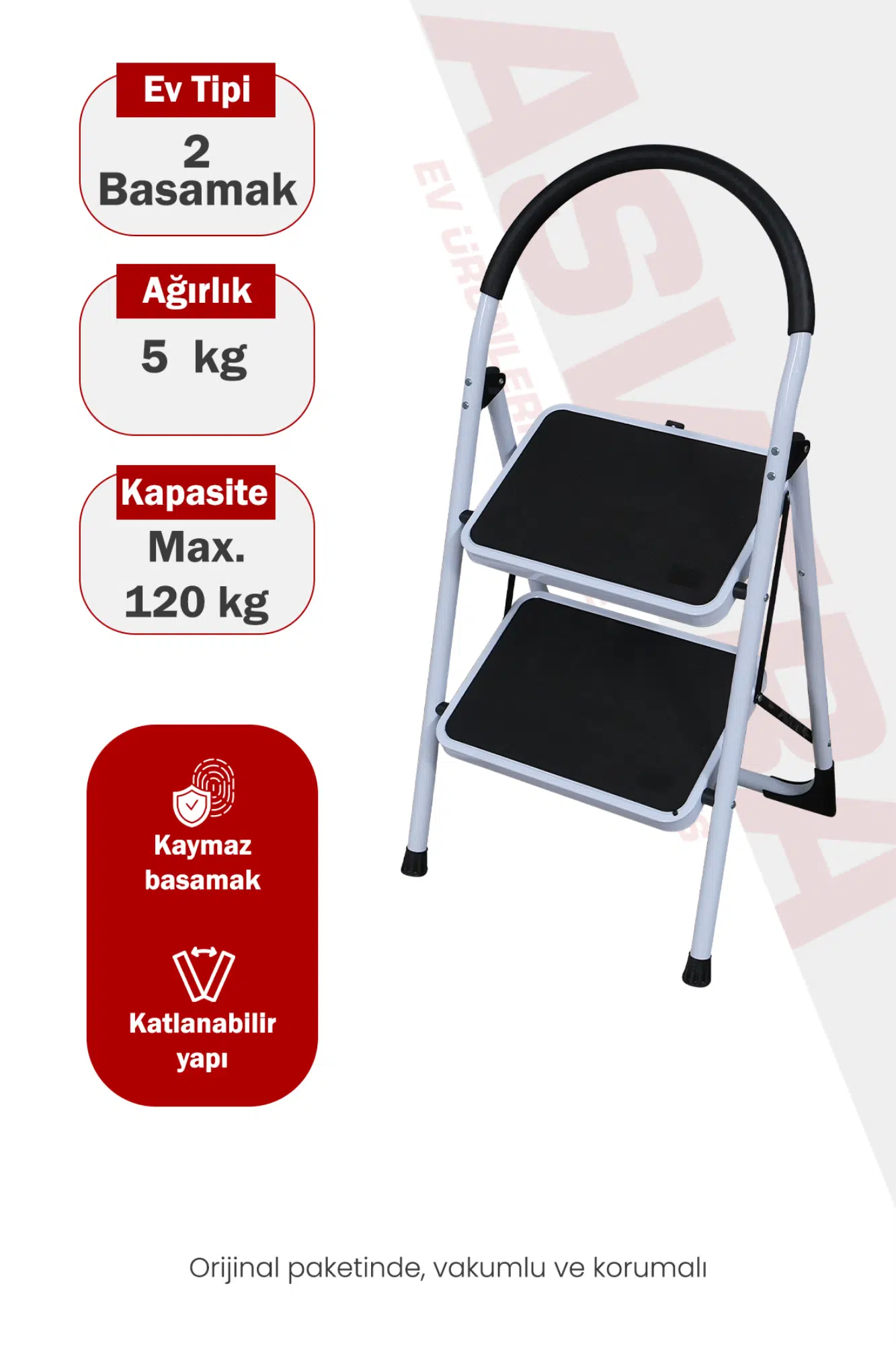 Asvera Vertika 2 Basamaklı Beyaz Geniş Basamaklı Ev Tipi Merdiven - Süngerli Tutma Kollu Merdiven