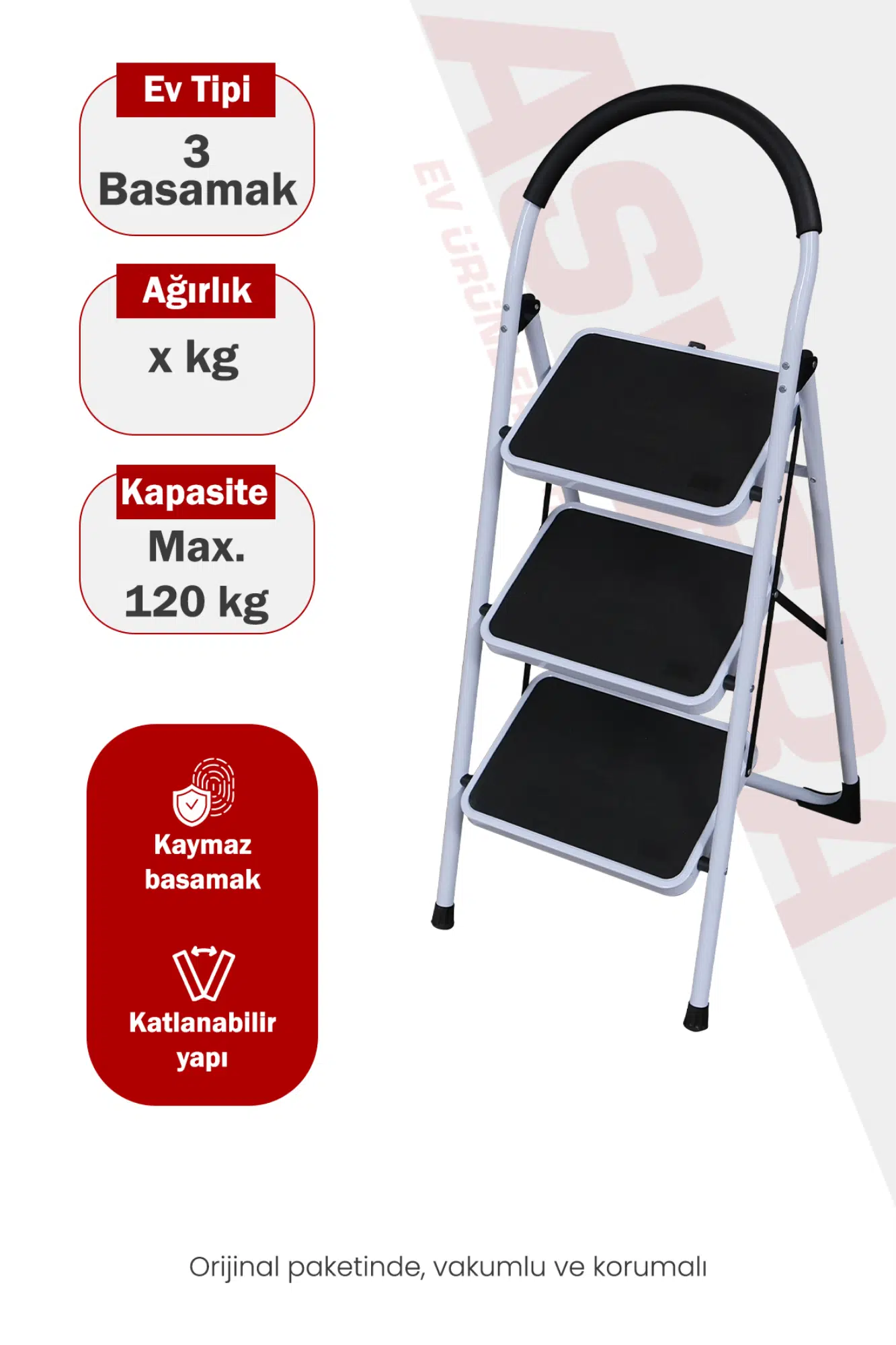 Asvera Vertika 3 Basamaklı Beyaz Geniş Basamaklı Ev Tipi Merdiven - Süngerli Tutma Kollu Merdiven