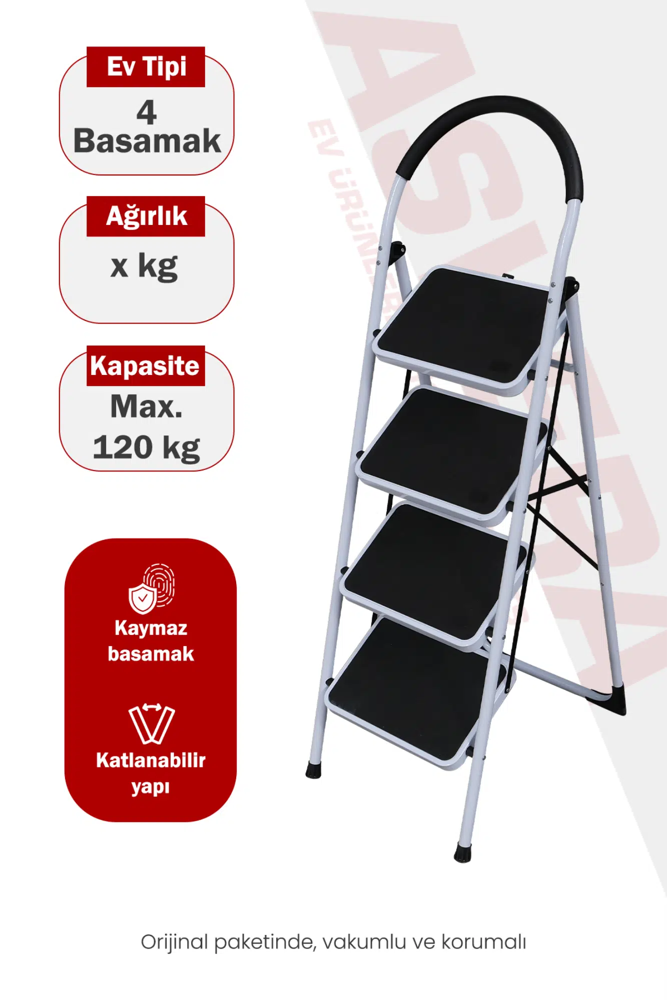 Asvera Vertika 4 Basamaklı Beyaz Geniş Basamaklı Ev Tipi Merdiven - Süngerli Tutma Kollu Merdiven