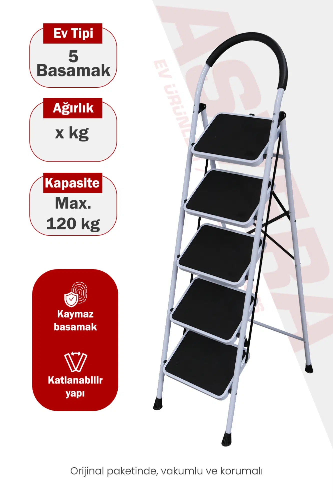 Asvera Vertika 5 Basamaklı Beyaz Geniş Basamaklı Ev Tipi Merdiven - Süngerli Tutma Kollu Merdiven