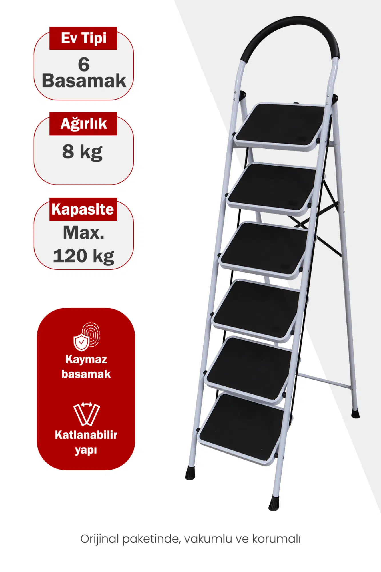 Asvera Vertika 6 Basamaklı Beyaz Geniş Basamaklı Ev Tipi Merdiven - Süngerli Tutma Kollu Merdiven